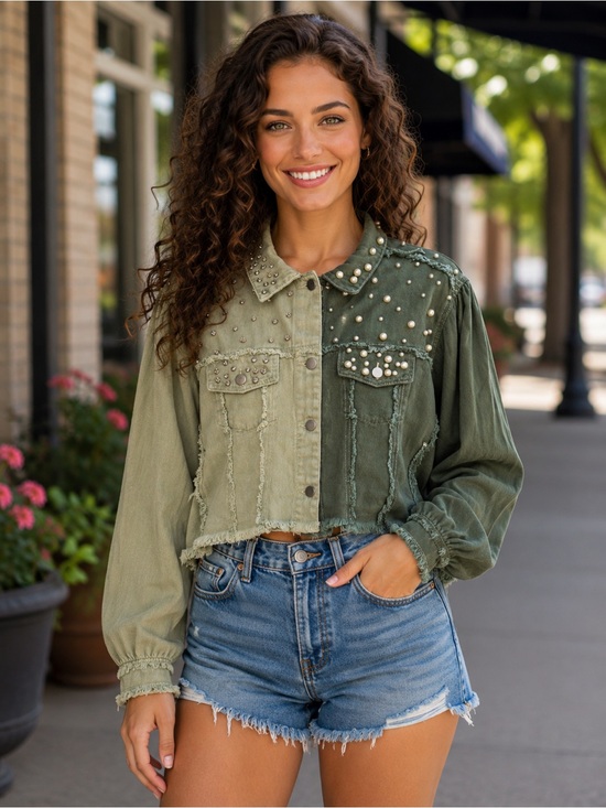POL Jackets & Blazers - H207 POL L pp22 Two-Tone Olive & Sage Pearl-Studded Denim Jacket Top